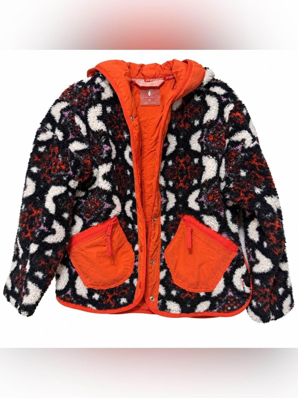 Free People Movement XS Printed Sherpa Fleece Hooded Jacket Orange Black